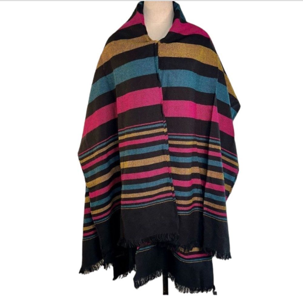 Womens Colorful Woven Striped‎ Sweater Cape Cardigan Fringe Trim Acrylic Boho